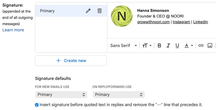 Gmail settings with the Signature section highlighted